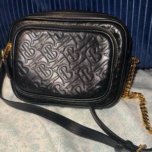 Burberry Black Embossed Crossbody Bag with Gold Chain